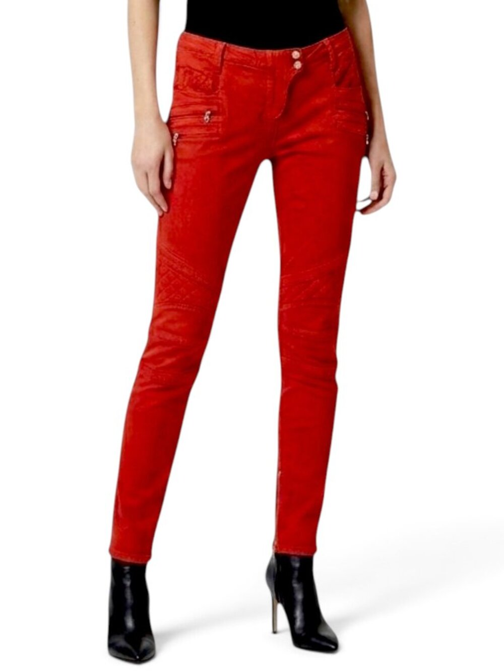 Balmain Paris Red Moto Biker Skinny Quilted Jeans Zipper Pockets Stretch 46 14